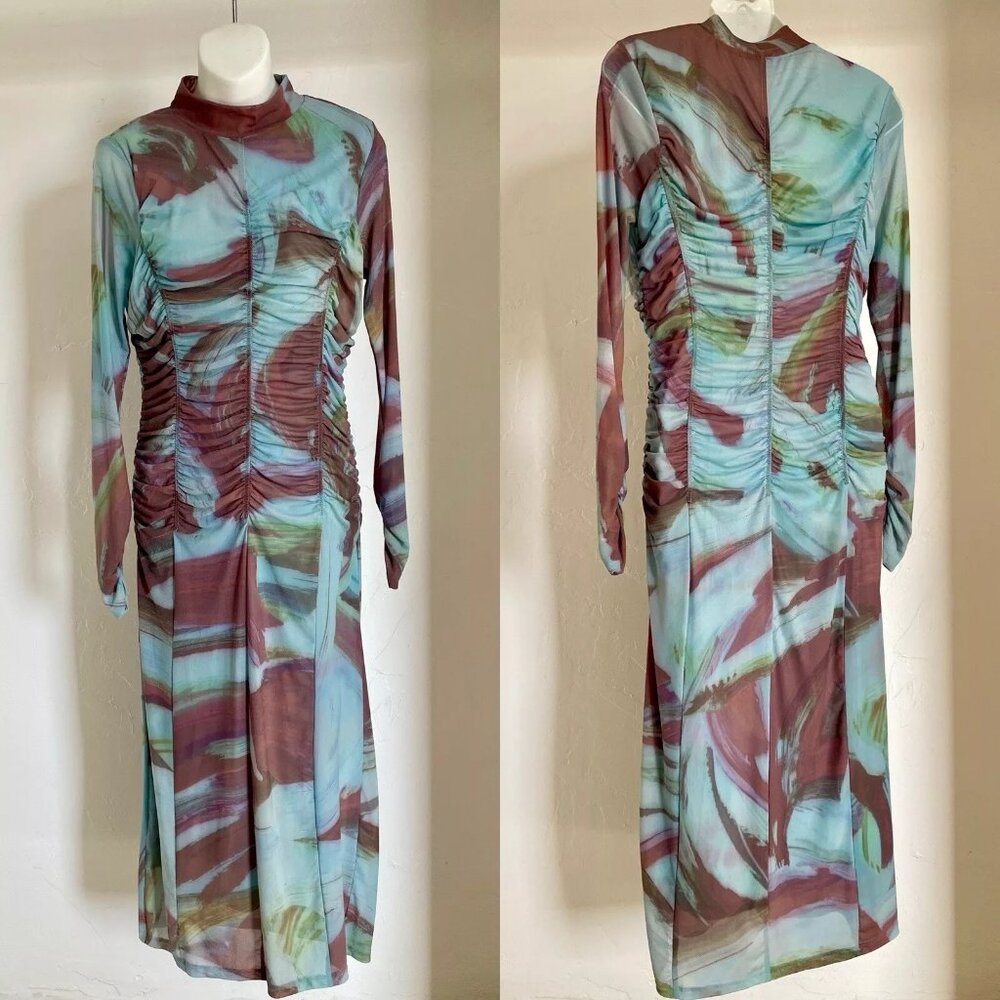 NWT! ANTHROPOLOGIE Marble Print Ruched Mesh DRESS Size Small